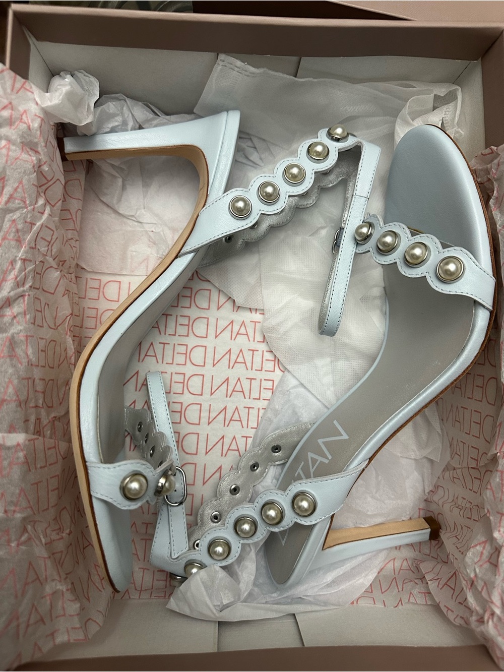 Deltan Pearl-Trim White Ankle-Strap Heels for Women